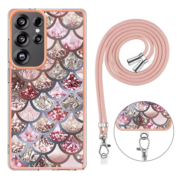 For Samsung Galaxy S25 Ultra 5G Electroplating Pattern IMD TPU Shockproof Case with Neck Lanyard(Pink Scales) by buy2fix