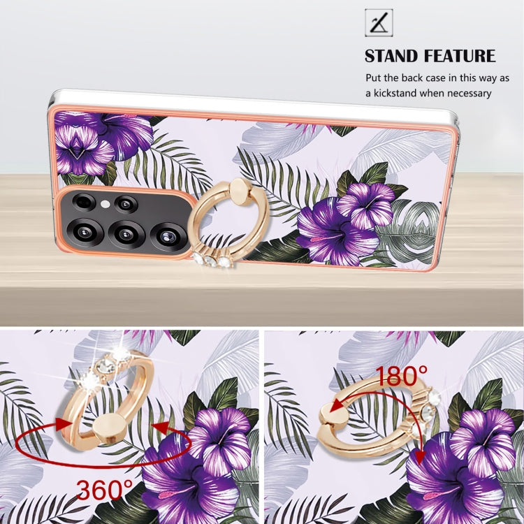 For Samsung Galaxy S25 Ultra 5G Electroplating Pattern IMD TPU Shockproof Case with Rhinestone Ring Holder(Purple Flower) by buy2fix