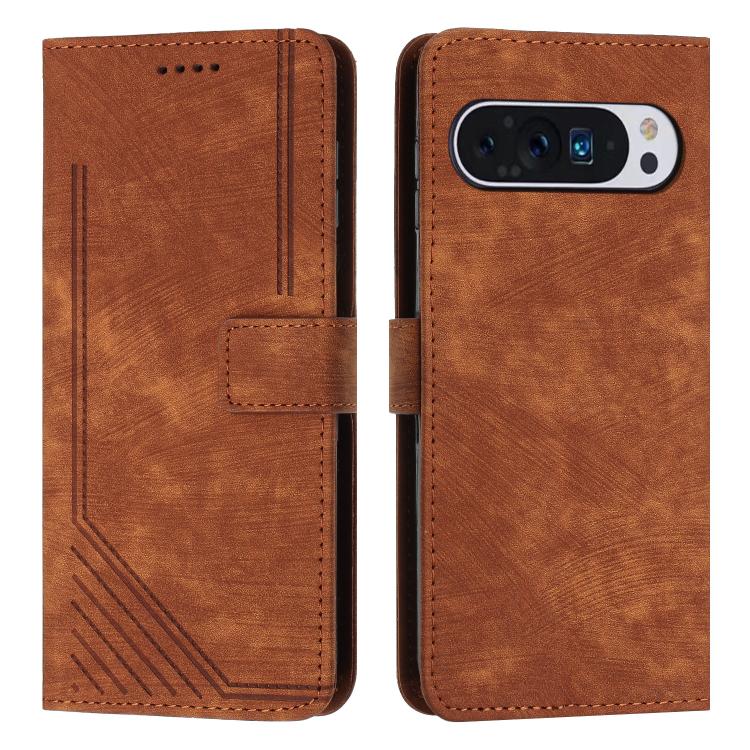 For Google Pixel 10 / 10 Pro Skin Feel Stripe Pattern Leather Phone Case with Lanyard(Brown) - Google Cases by buy2fix | Online Shopping UK | buy2fix