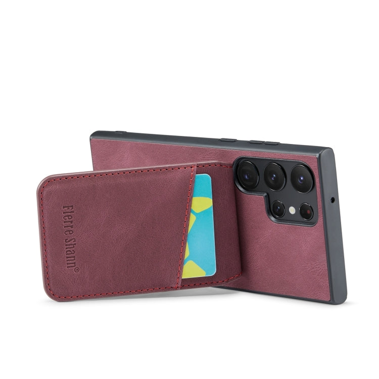 For Samsung Galaxy S24 Ultra 5G Fierre Shann Crazy Horse Card Holder Back Cover PU Phone Case(Wine Red) by FIERRE SHANN