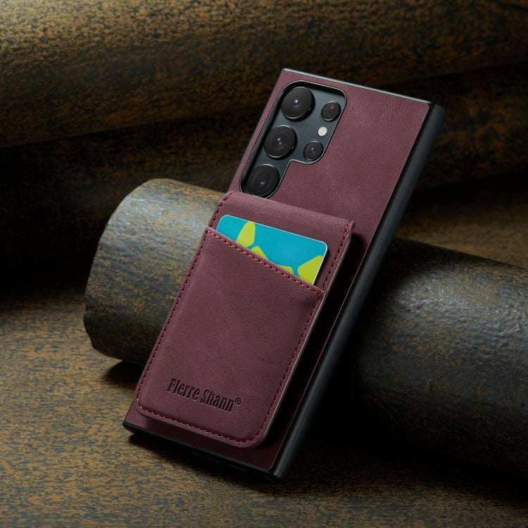 For Samsung Galaxy S24 Ultra 5G Fierre Shann Crazy Horse Card Holder Back Cover PU Phone Case(Wine Red) by FIERRE SHANN