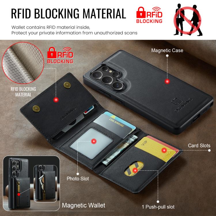 For Samsung Galaxy S25 Ultra 5G DG.MING M5 Series Zip RFID Multi Card Detachable Leather Phone Case(Black) - Galaxy S25 Ultra 5G Cases by DG.MING | Online Shopping UK | buy2fix