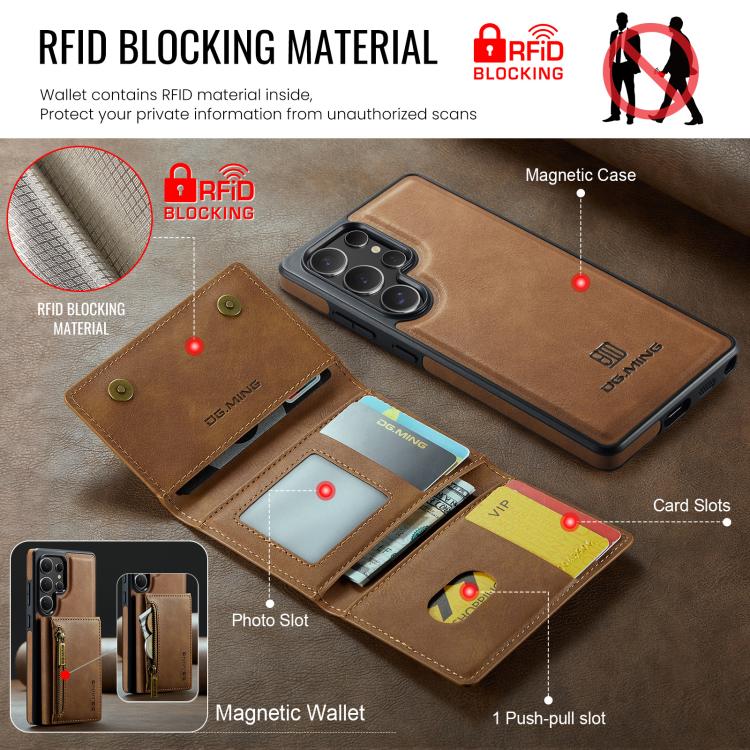 For Samsung Galaxy S25 Ultra 5G DG.MING M5 Series Zip RFID Multi Card Detachable Leather Phone Case(Brown) - Galaxy S25 Ultra 5G Cases by DG.MING | Online Shopping UK | buy2fix