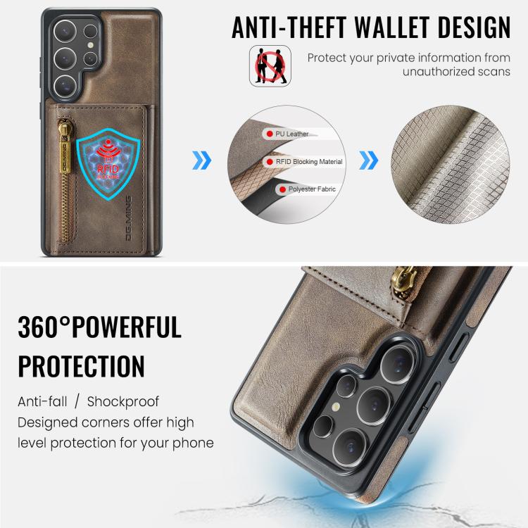 For Samsung Galaxy S25 Ultra 5G DG.MING M5 Series Zip RFID Multi Card Detachable Leather Phone Case(Coffee) - Galaxy S25 Ultra 5G Cases by DG.MING | Online Shopping UK | buy2fix