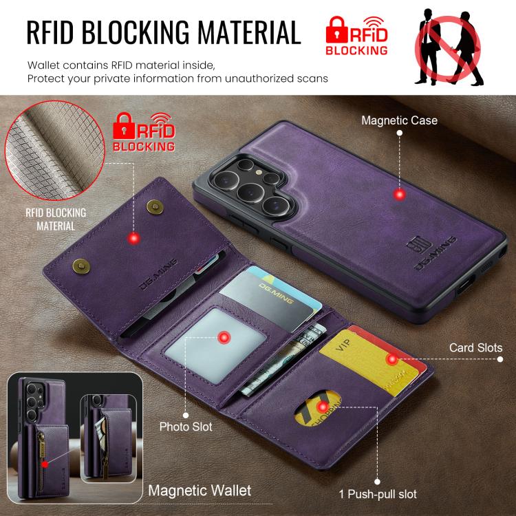 For Samsung Galaxy S25 Ultra 5G DG.MING M5 Series Zip RFID Multi Card Detachable Leather Phone Case(Purple) - Galaxy S25 Ultra 5G Cases by DG.MING | Online Shopping UK | buy2fix