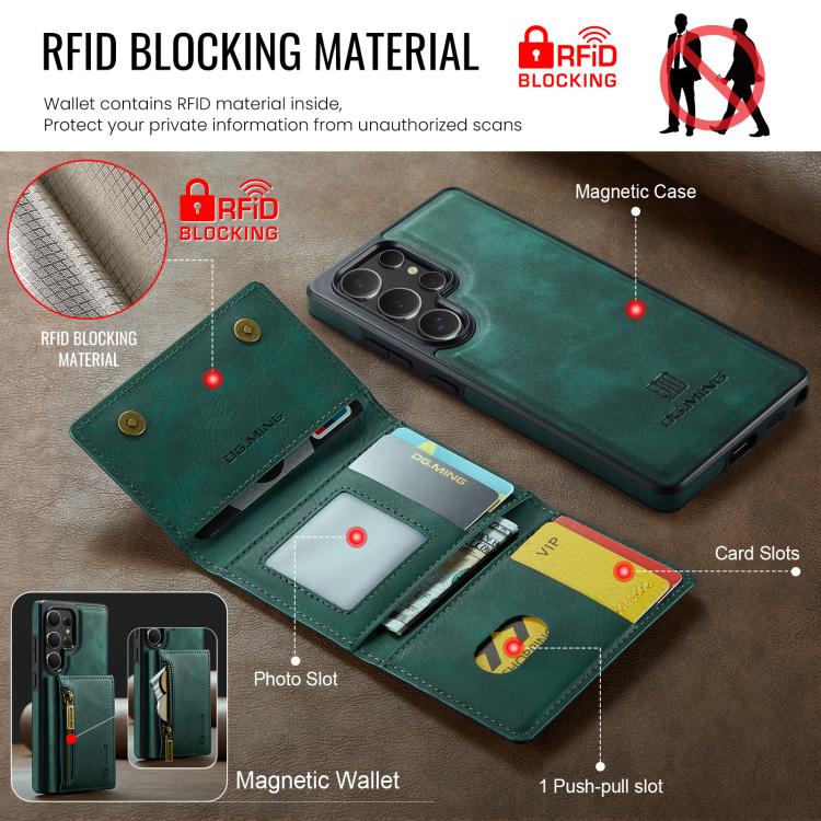 For Samsung Galaxy S25 Ultra 5G DG.MING M5 Series Zip RFID Multi Card Detachable Leather Phone Case(Green) - Galaxy S25 Ultra 5G Cases by DG.MING | Online Shopping UK | buy2fix