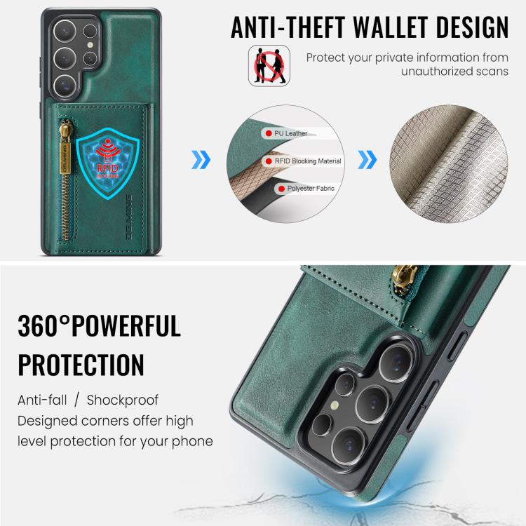 For Samsung Galaxy S25 Ultra 5G DG.MING M5 Series Zip RFID Multi Card Detachable Leather Phone Case(Green) - Galaxy S25 Ultra 5G Cases by DG.MING | Online Shopping UK | buy2fix