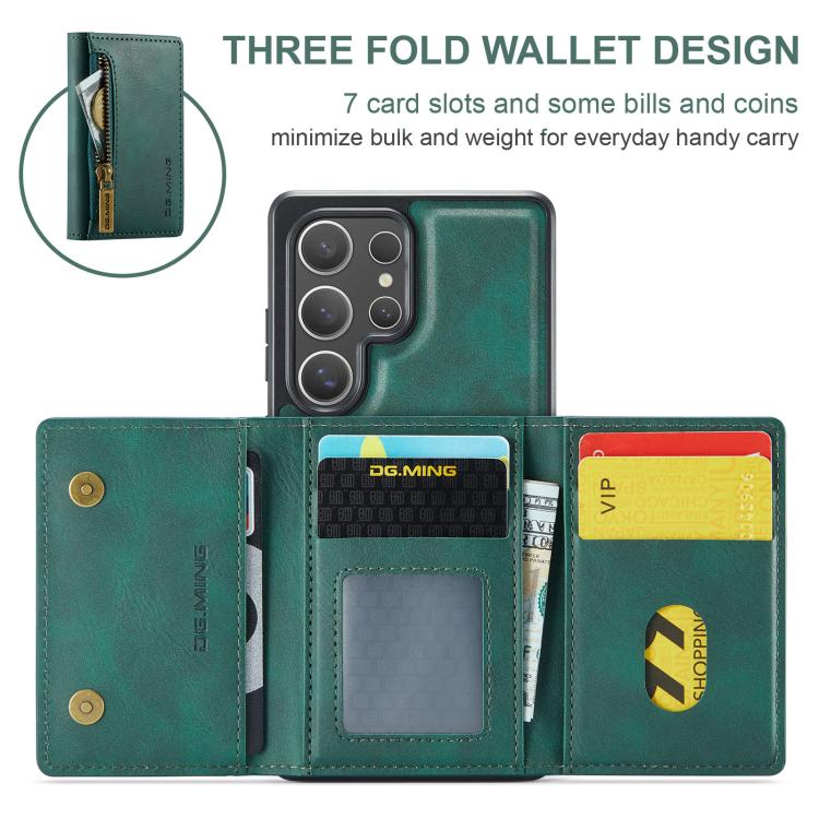 For Samsung Galaxy S25 Ultra 5G DG.MING M5 Series Zip RFID Multi Card Detachable Leather Phone Case(Green) - Galaxy S25 Ultra 5G Cases by DG.MING | Online Shopping UK | buy2fix