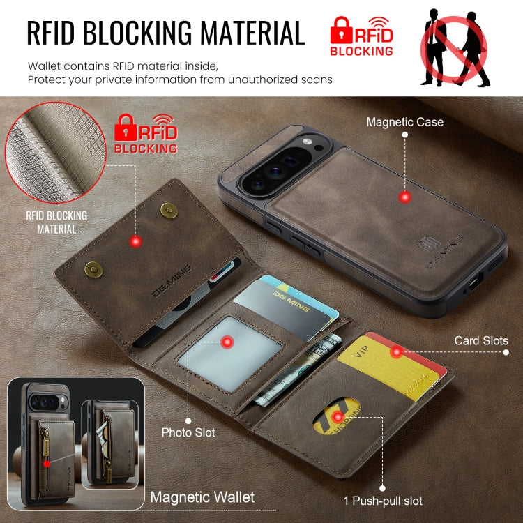 For Google Pixel 9 Pro XL DG.MING M5 Series Zip RFID Multi Card Detachable Leather Phone Case(Coffee) by DG.MING