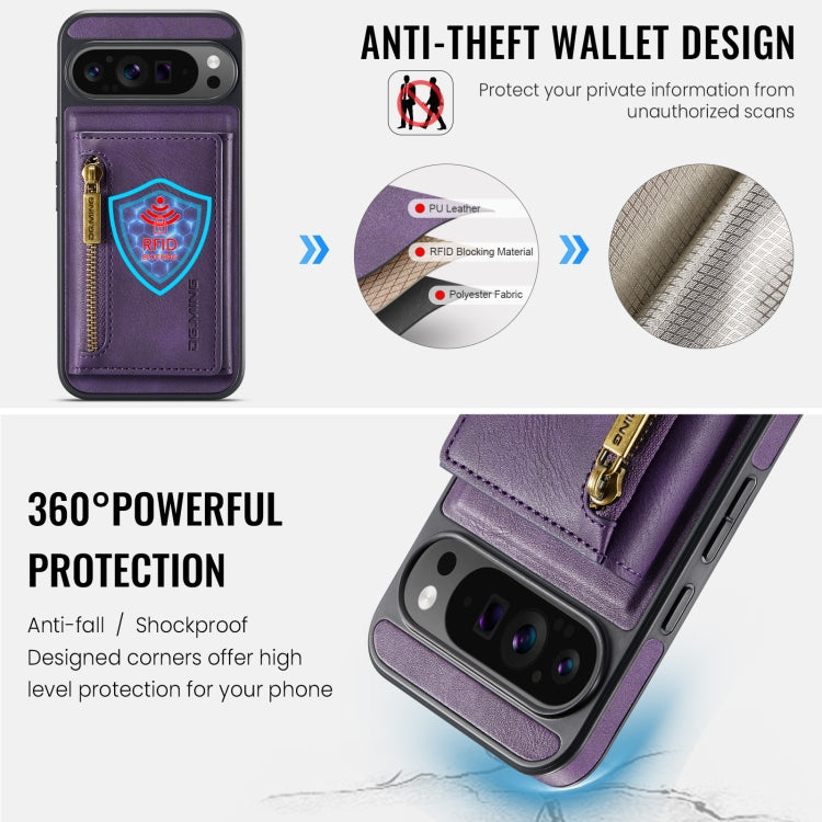 For Google Pixel 9 Pro XL DG.MING M5 Series Zip RFID Multi Card Detachable Leather Phone Case(Purple) by DG.MING