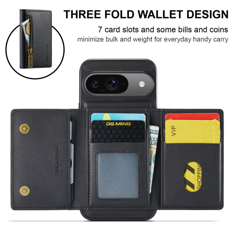 For Google Pixel 9 / 9 Pro DG.MING M5 Series Zip RFID Multi Card Detachable Leather Phone Case(Black) by DG.MING