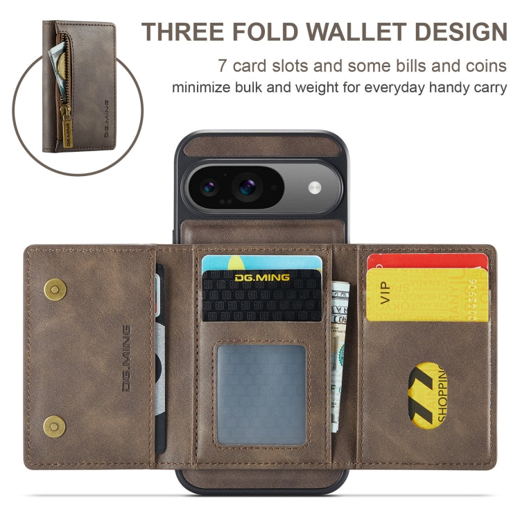 For Google Pixel 9 / 9 Pro DG.MING M5 Series Zip RFID Multi Card Detachable Leather Phone Case(Coffee) by DG.MING