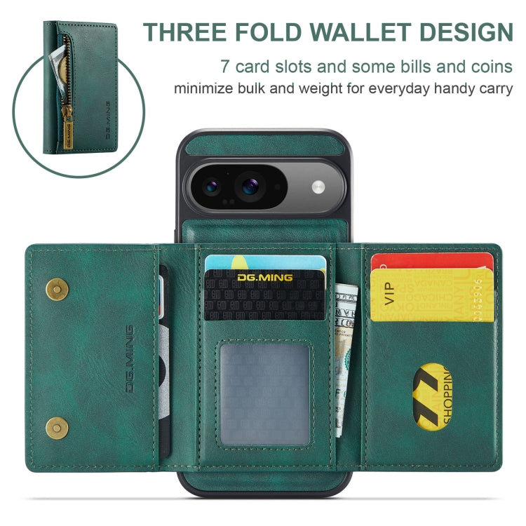 For Google Pixel 9 / 9 Pro DG.MING M5 Series Zip RFID Multi Card Detachable Leather Phone Case(Green) by DG.MING