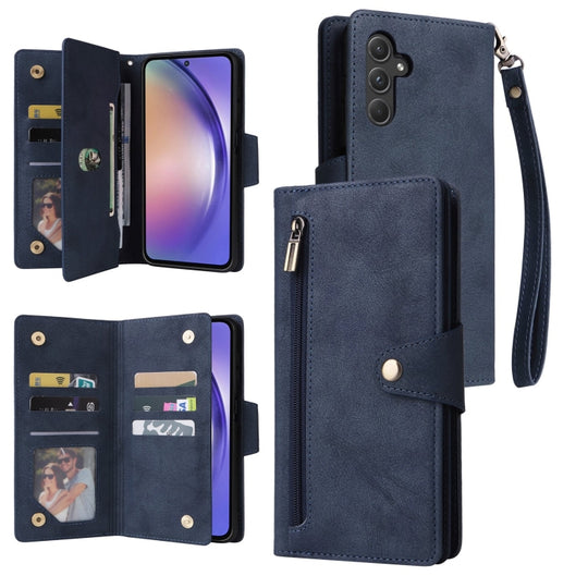 For Samsung Galaxy A55 5G Rivet Buckle 9 Cards 3-Fold Wallet Leather Phone Case(Blue)