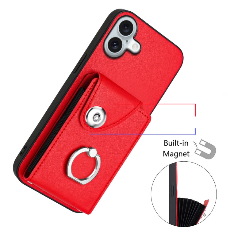 For iPhone 16 Plus Organ Card Bag Ring Holder Phone Case(Red) - iPhone 16 Plus Cases by buy2fix | Online Shopping UK | buy2fix