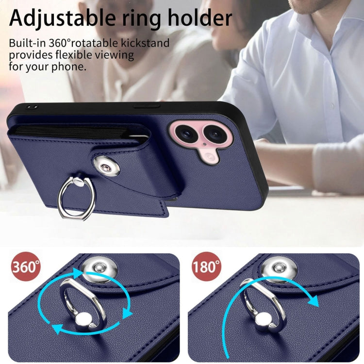 For iPhone 16 Organ Card Bag Ring Holder Phone Case(Blue) - iPhone 16 Cases by buy2fix | Online Shopping UK | buy2fix