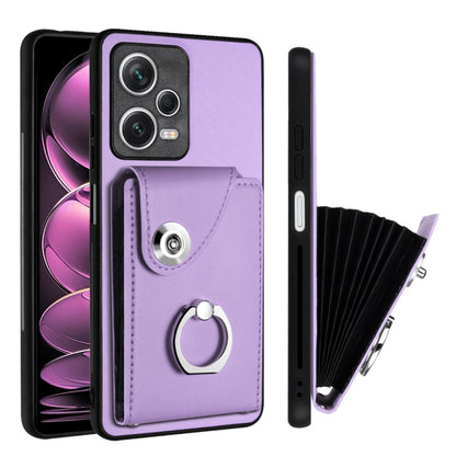 For Xiaomi Redmi Note 12 Pro 5G Global Organ Card Bag Ring Holder PU Phone Case(Purple) - Xiaomi Cases by buy2fix | Online Shopping UK | buy2fix