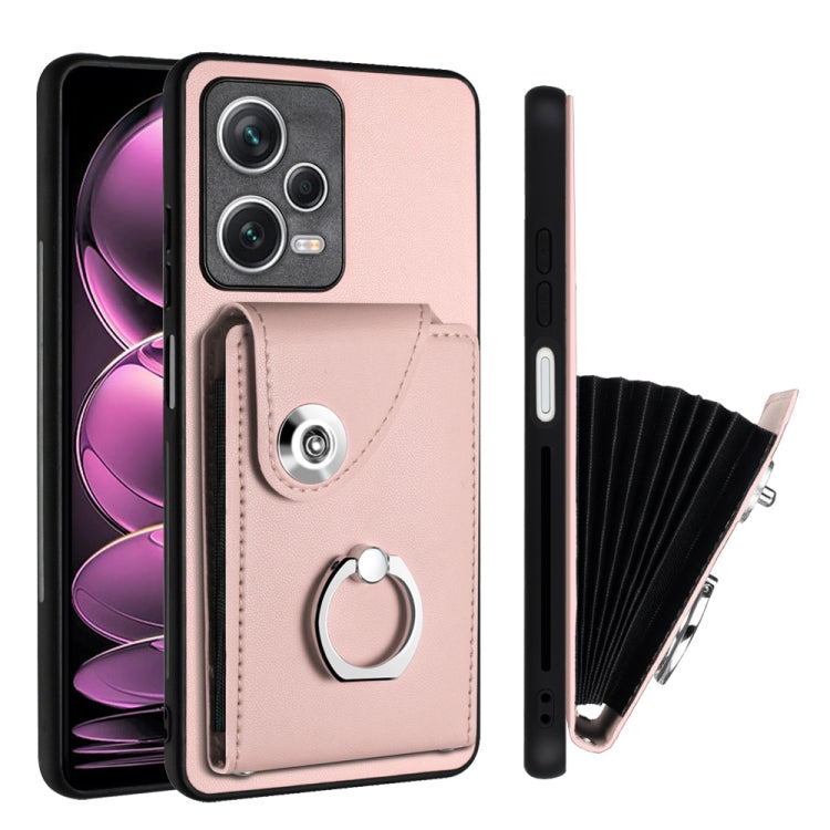 For Xiaomi Poco X5/Redmi Note 12 5G Global Organ Card Bag Ring Holder PU Phone Case(Pink) - Xiaomi Cases by buy2fix | Online Shopping UK | buy2fix