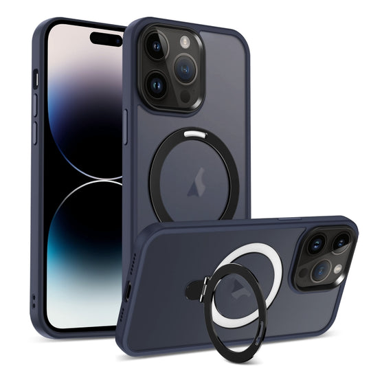 For iPhone 14 Pro Max Skin-feel MagSafe Holder PC Hybrid TPU Phone Case(Dark Blue)