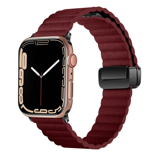 For Apple Watch Series 8 45mm Water Ripple Magnetic Folding Buckle Watch Band, Style: Bold Version(Wine Red) by buy2fix