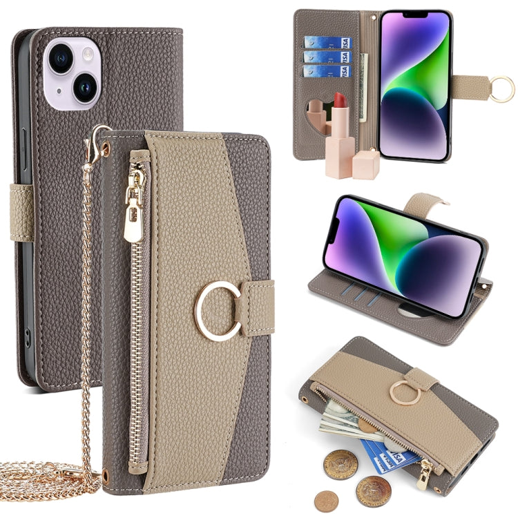 For iPhone 14 Plus Crossbody Litchi Texture Leather Phone Case(Grey) - iPhone 14 Plus Cases by buy2fix | Online Shopping UK | buy2fix