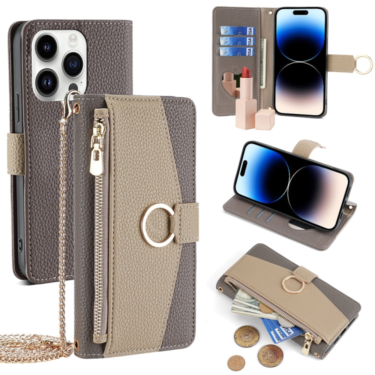For iPhone 14 Pro Crossbody Litchi Texture Leather Phone Case(Grey) - iPhone 14 Pro Cases by buy2fix | Online Shopping UK | buy2fix