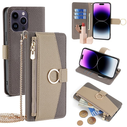 For iPhone 14 Pro Max Crossbody Litchi Texture Leather Phone Case(Grey) - iPhone 14 Pro Max Cases by buy2fix | Online Shopping UK | buy2fix