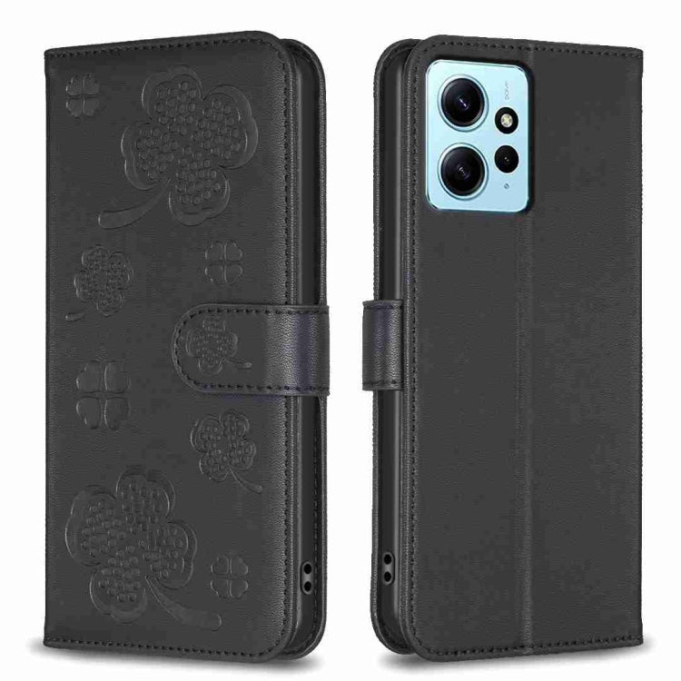 For Xiaomi Redmi Note 12 4G Global Four-leaf Embossed Leather Phone Case(Black) - Xiaomi Cases by buy2fix | Online Shopping UK | buy2fix