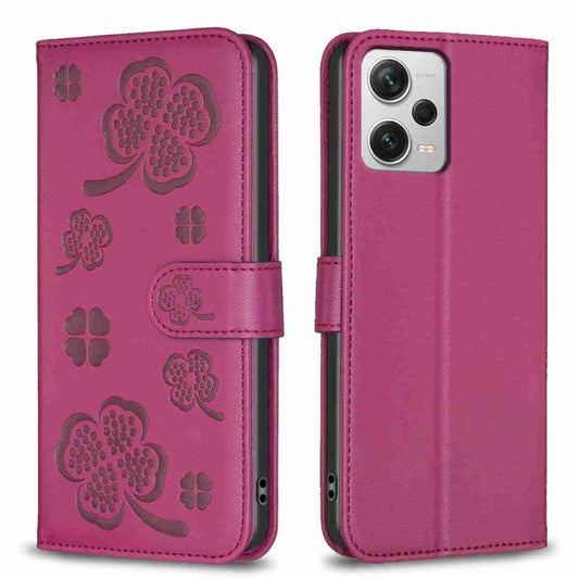 For Xiaomi Redmi Note 12 Pro+ 5G Global Four-leaf Embossed Leather Phone Case(Rose Red) - Xiaomi Cases by buy2fix | Online Shopping UK | buy2fix