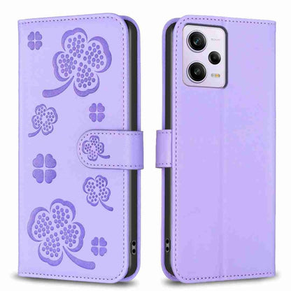 For Xiaomi Redmi Note 12 Pro 5G Global Four-leaf Embossed Leather Phone Case(Purple) - Xiaomi Cases by buy2fix | Online Shopping UK | buy2fix