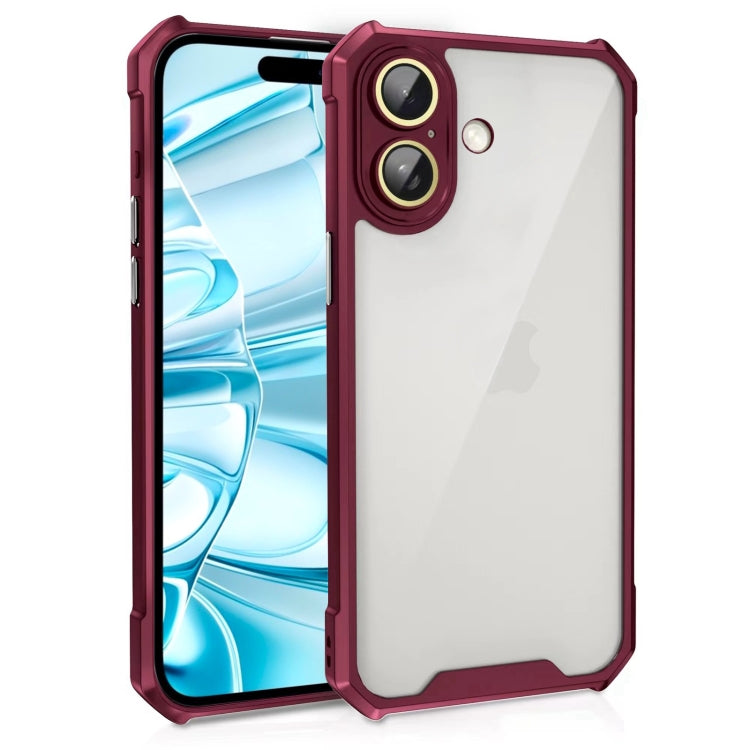 For iPhone 16 Plus Shockproof Acrylic Phone Case with Lens Glass Film(Wine Red) by buy2fix