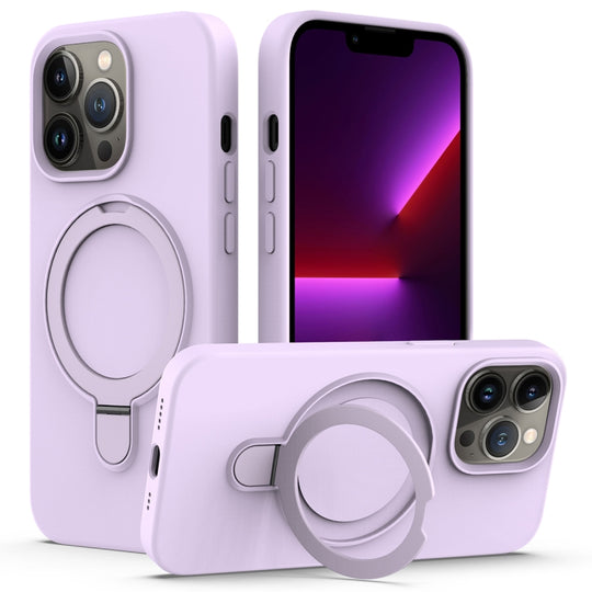 For iPhone 14 Pro Max Silicone Magnetic Phone Case with Ring Holder(Lilac Purple)