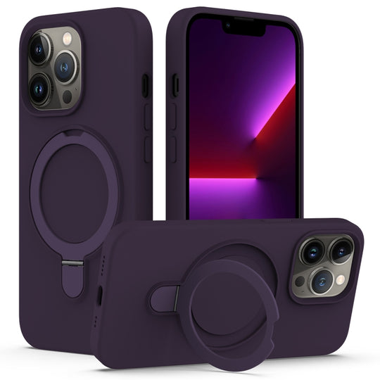 For iPhone 14 Pro Silicone Magnetic Phone Case with Ring Holder(Purple)