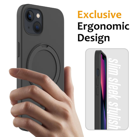 For iPhone 14 Plus Liquid Silicone MagSafe Magnetic Phone Case with Ring Holder(Carbon Black) by buy2fix