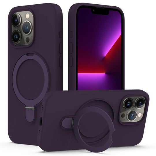 For iPhone 16 Pro Silicone Magnetic Phone Case with Ring Holder(Purple)