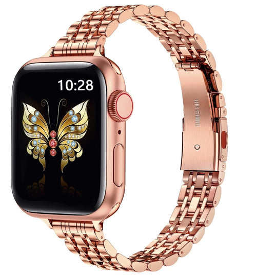 For Apple Watch 38mm Slim Seven Bead Slingshot Buckle Metal Watch Band(Rose Gold)