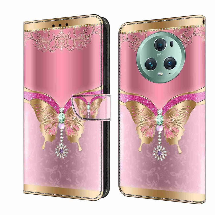 For Honor Magic5 Pro Crystal 3D Shockproof Protective Leather Phone Case(Pink Bottom Butterfly) - Honor Cases by buy2fix | Online Shopping UK | buy2fix