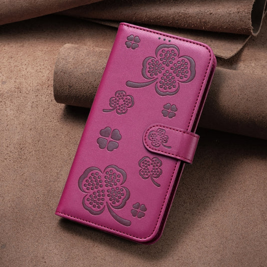 For iPhone 16 Four-leaf Embossed Leather Phone Case(Rose Red) by buy2fix