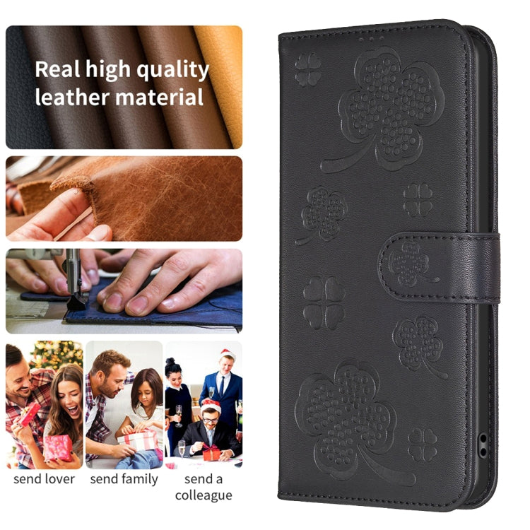 For iPhone 16 Four-leaf Embossed Leather Phone Case(Black) - iPhone 16 Cases by buy2fix | Online Shopping UK | buy2fix