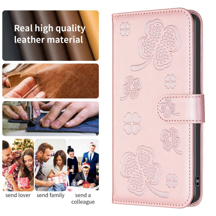 For iPhone 16 Four-leaf Embossed Leather Phone Case(Pink) - iPhone 16 Cases by buy2fix | Online Shopping UK | buy2fix