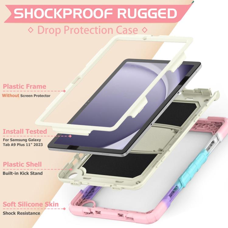 For Samsung Galaxy Tab A9+ Silicone Hydric PC Tablet Case with Shoulder Strap & Holder(Colorful Pink) - Galaxy Tab A9+ by buy2fix | Online Shopping UK | buy2fix