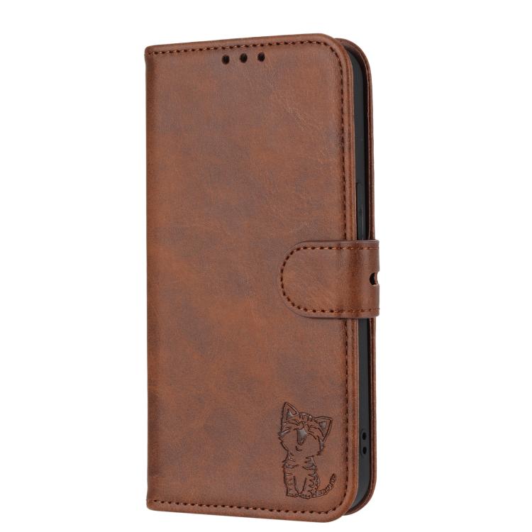 For Google Pixel 10 / 10 Pro Embossed Happy Cat Pattern Flip Leather Phone Case(Brown) - Google Cases by buy2fix | Online Shopping UK | buy2fix