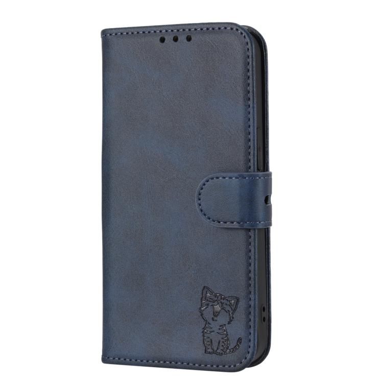 For Google Pixel 10 Pro XL Embossed Happy Cat Pattern Flip Leather Phone Case(Blue) - Google Cases by buy2fix | Online Shopping UK | buy2fix