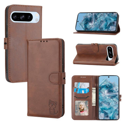 For Google Pixel 10 Pro XL Embossed Happy Cat Pattern Flip Leather Phone Case(Brown) - Google Cases by buy2fix | Online Shopping UK | buy2fix