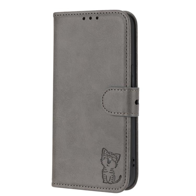 For Google Pixel 10 Pro XL Embossed Happy Cat Pattern Flip Leather Phone Case(Grey) - Google Cases by buy2fix | Online Shopping UK | buy2fix