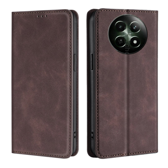 For Realme 12 5G Skin Feel Magnetic Leather Phone Case(Dark Brown)