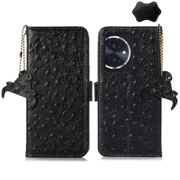 For Honor 100 5G Ostrich Pattern Genuine Leather RFID Phone Case(Black) - Honor Cases by buy2fix | Online Shopping UK | buy2fix