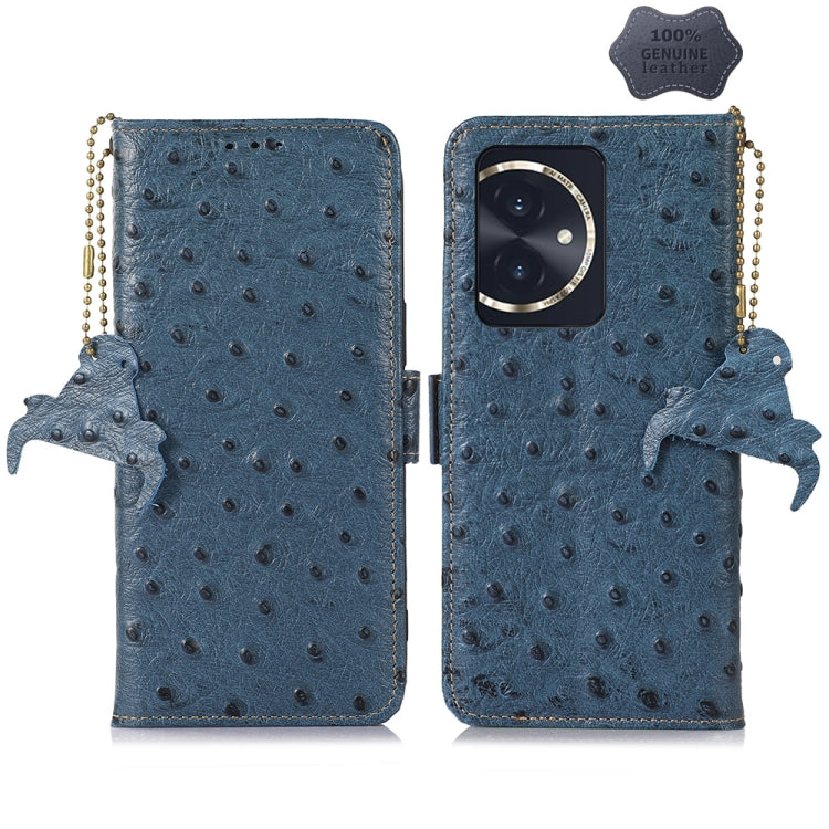For Honor 100 5G Ostrich Pattern Genuine Leather RFID Phone Case(Blue) - Honor Cases by buy2fix | Online Shopping UK | buy2fix
