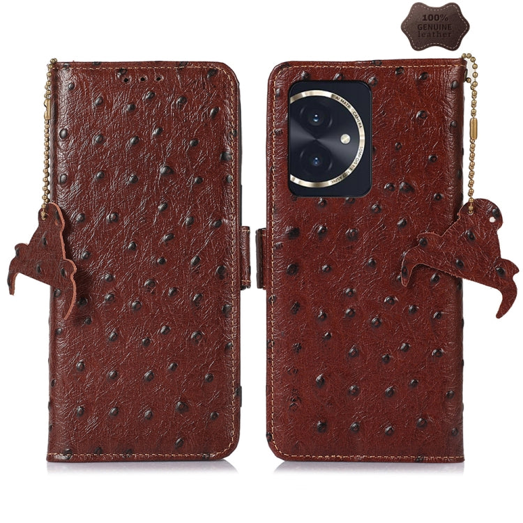 For Honor 100 5G Ostrich Pattern Genuine Leather RFID Phone Case(Coffee) - Honor Cases by buy2fix | Online Shopping UK | buy2fix