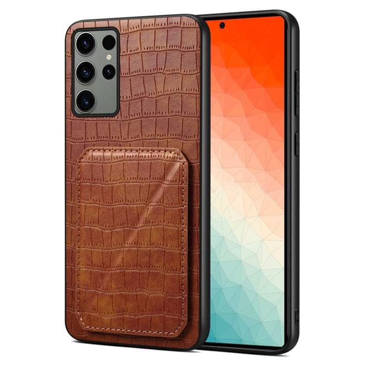 For Samsung Galaxy S24 Ultra 5G Denior Imitation Crocodile Leather Back Phone Case with Holder(Brown) - Galaxy S24 Ultra 5G Cases by Denior | Online Shopping UK | buy2fix